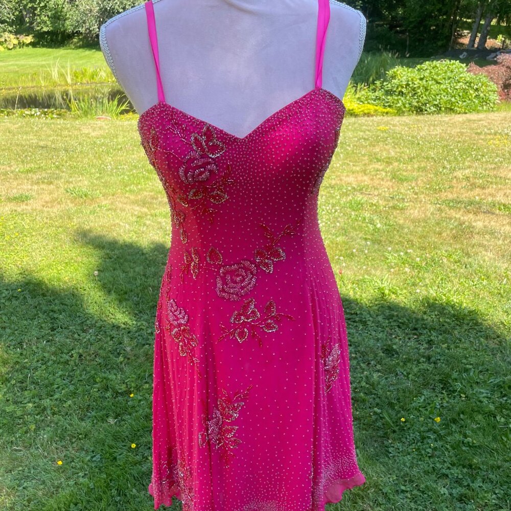 Cicci USA Pink Silk Beaded Dress – Medium – Hand Beaded Floral Cocktail Dress